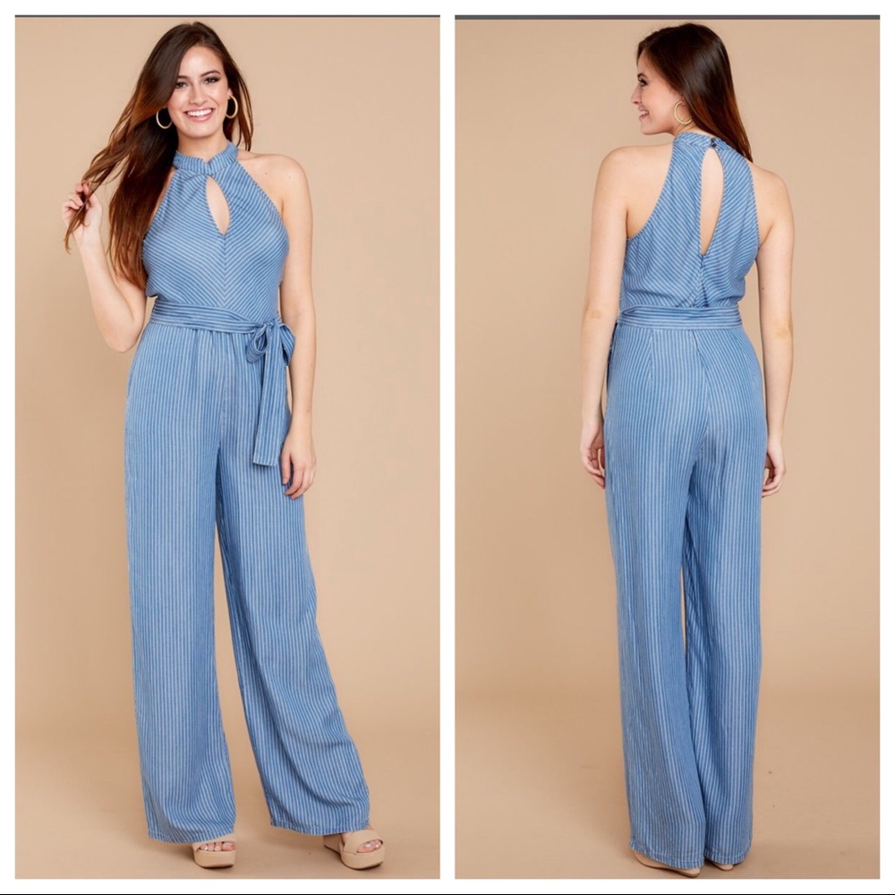 Striped Chambray Sleeveless Jumpsuit Keyhole NWT - Picture 1 of 7